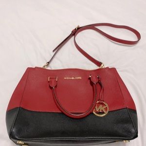 Michael Kors purse, red black, gold hardware